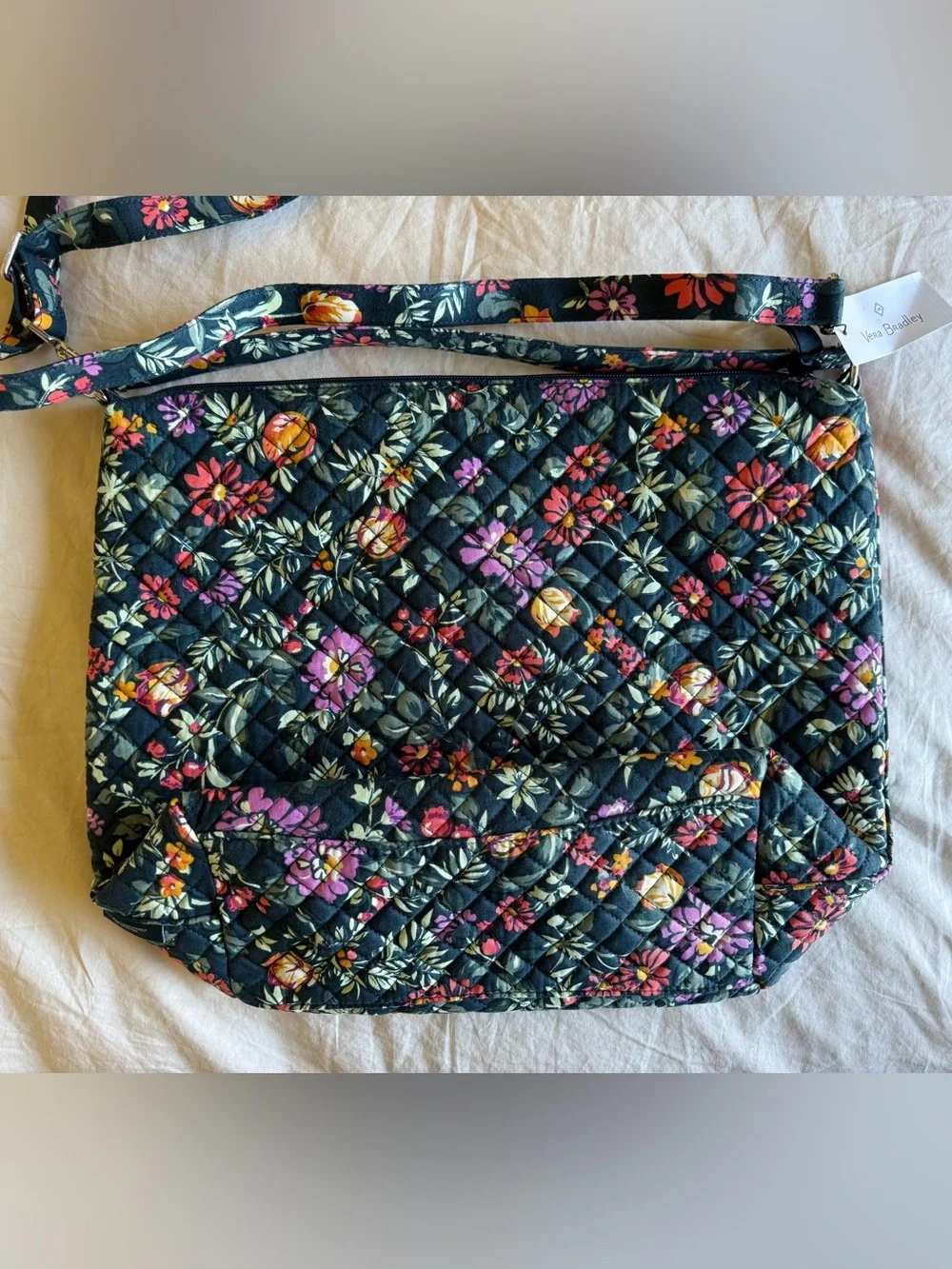 Vera Bradley Quilted Floral Tote in Dark Green with Pink & Yellow Accents
